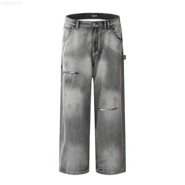 High Street Vibe Feito Velho Lavado Corte Jeans Rasgado, Homens e Mulheres Americanas Marca Na Moda Emagrecimento Perna Reta Pantsq3rp