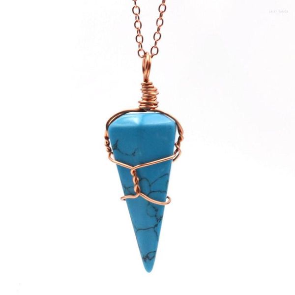 Anhänger Halsketten FYSL Rose Gold Farbe Draht Wrap Sechseck Pyramide Blau Howlith Stein Link Kette Halskette Opalite Opal Schmuck