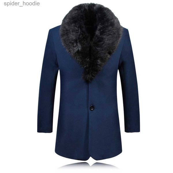 Misturas de lã masculina 2021 novo casaco de lã de inverno masculino gola de pele quente trench coat manteau homme sobretudo masculino mistura de lã jaqueta média longa tamanho S-3XL L230919