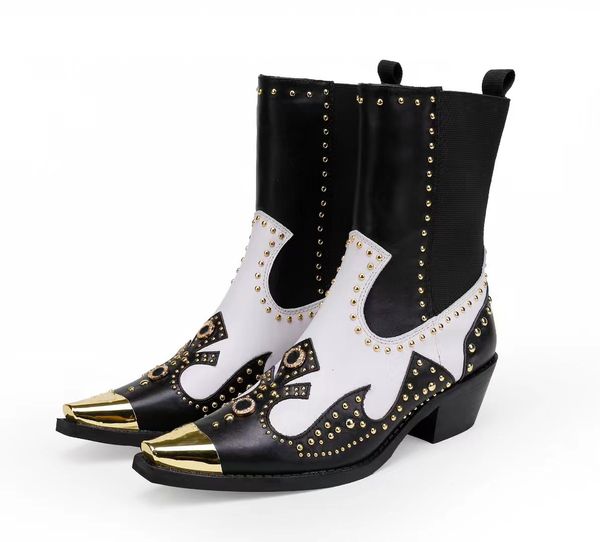 Botas de tornozelo elegantes mulheres botas de designer de couro genuíno rebite decoração metal quadrado toe cap 4.5cm salto baixo tecido elástico cor combinando bota de motocicleta