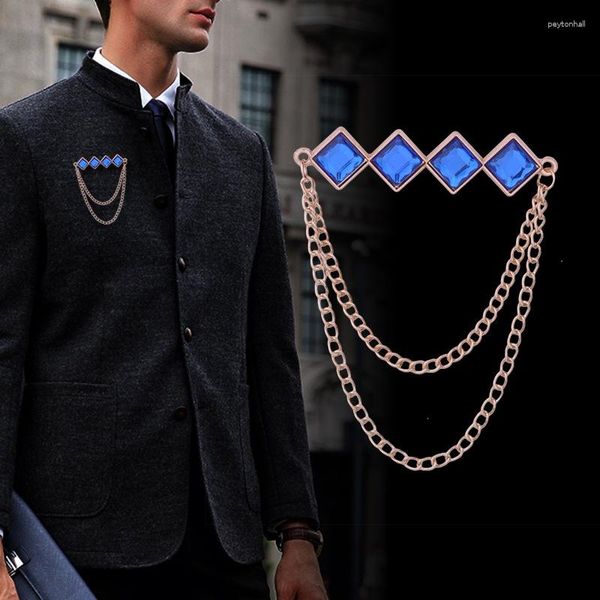 Spille Spilla a catena con nappa di fascia alta Spille da bavero con strass di cristallo geometrico per uomo Accessori di gioielli con distintivo corpetto di moda