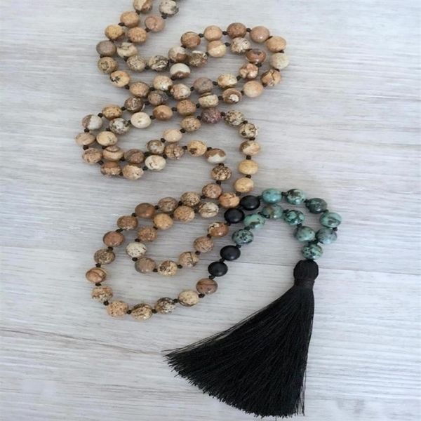 Collane con ciondolo 108 Collana di perle di Mala Turchesi africani Onice Annodato a mano Preghiera Yoga Meditazione da uomo266T