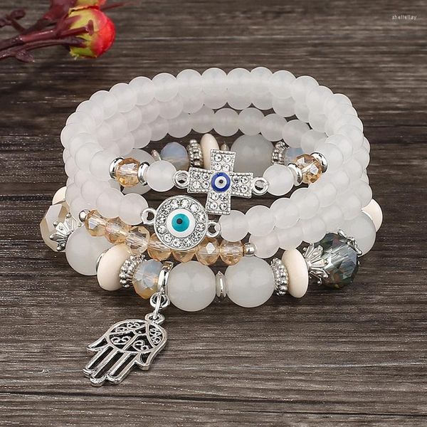 Charm-Armbänder Boho Evil Blue Eye Perlenarmband-Set für Frauen, bunte Acryl-Kristallperlen, Kreuz, Herz, Palme, elastisches Seil, Schmuck, Geschenk