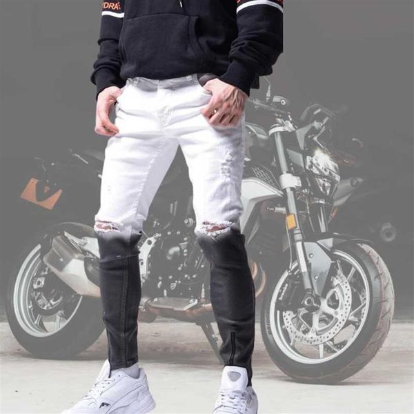 Erkek kot erkek esneklik sıska yırtılmış gradyan renkli adam kalem pantolon moda motorlu bisikletçisi hip hop zipper denim pantolon2884