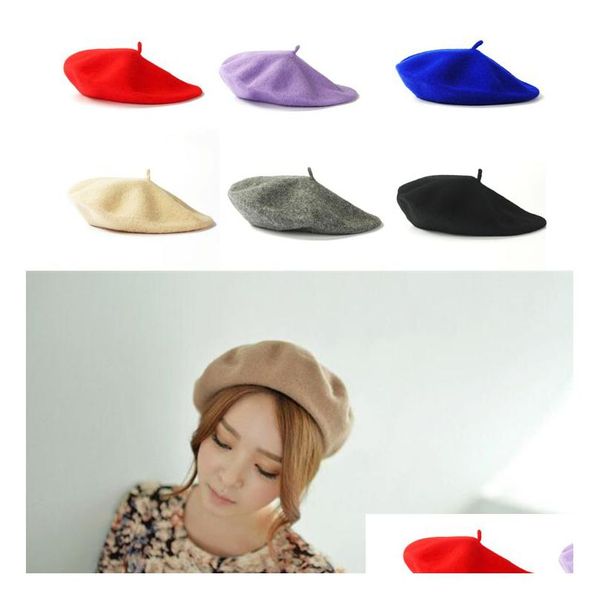 17 Color para mujer Boina de lana Sólido Primavera Otoño Artista francés Beanie Girl Bonnet Caps Elástico Sombrero plano Venta al por mayor Pintor con estilo Drop DH41P