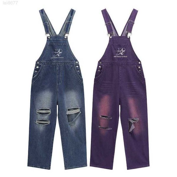 High street carta bordado workwear denim cinta calças marca de moda solta lavável buraco quebrado explosão macacão62o1