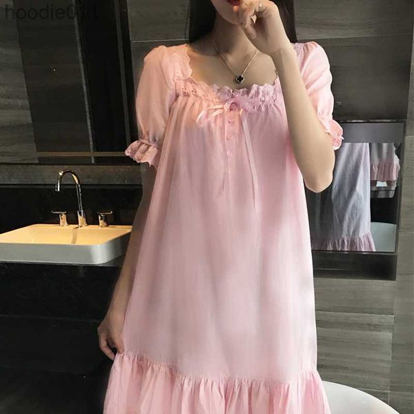 Женская одежда для сна Летняя новая розовая ночная рубашка принцессы с короткими рукавами из чистого хлопка придворная женская пижама женская свободная домашняя одежда больших размеров L230919