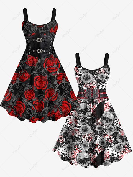 Vestidos Casuais Básicos Plus Size Mulheres Traje de Halloween Rose Skull Bird Grommets Lace Up 3D Impressão Primavera Verão Diário Backless Cami Tank Dress 230919