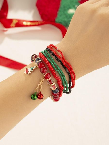 Strang 7 Stück Glas-Reisperlen-Legierungs-Weihnachtsbaumglocken zum Aufhängen, Ornament-Armband-Set