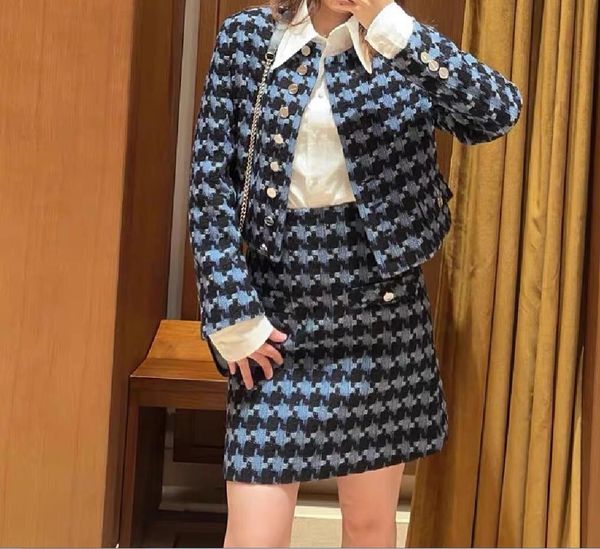 2023 início do outono novo maje feminino elegante em torno do pescoço azul profundo xadrez tweed casaco + linha a cintura alta meia saia