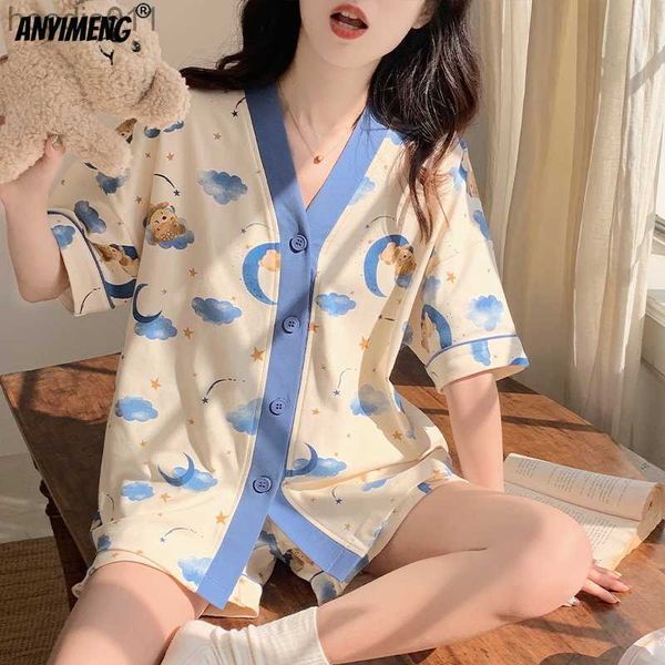 Pigiama coreano da donna Set da donna Pigiama estivo da donna Pigiama da notte per ragazze Dolce bavero Pigiama Kawaii Orso stampato Pigiama Abito da casa giapponese L230919