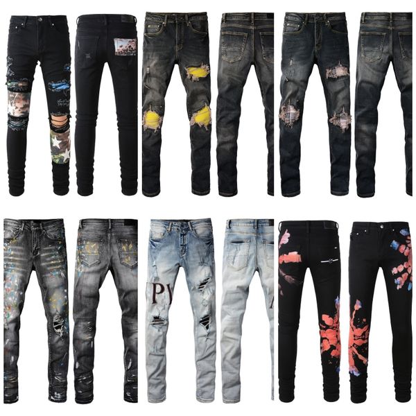 Calças de brim de designer calças de linho hip hop calças de brim masculinas dor rasgado motociclista fino ajuste moto denim calças masculinas tamanho 28-40