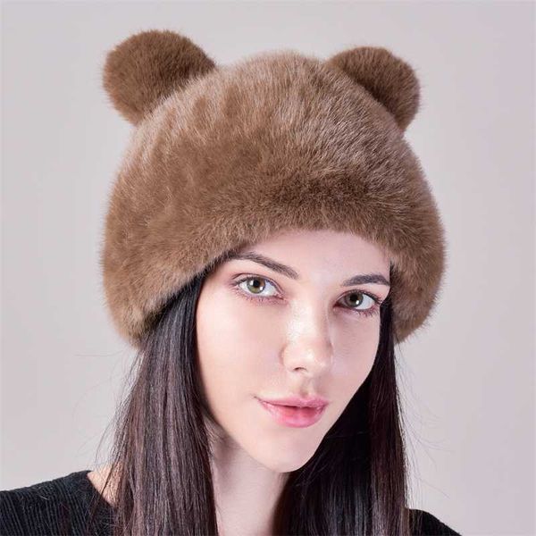 Gorro de piel de visón de imitación suave de lujo para mujer, gorro grueso y cálido de invierno con orejas de Pandaa, gorros lisos lisos para mujer 230920