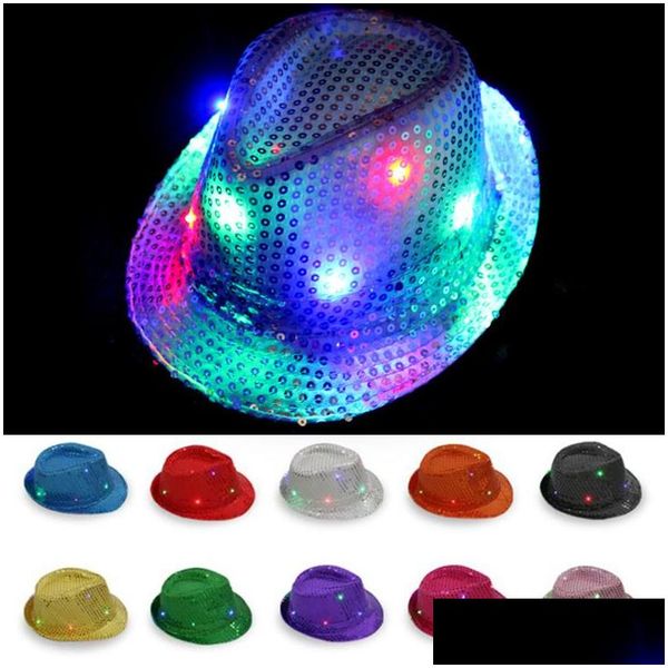 Chapéus de festa LED Jazz piscando Light Up Trilby Lantejoulas Caps Fantasia Vestido Dança Traje Cowboy Uni Hip Hop Lâmpada Luminosa Chapéu Drop Delivery Dhdia