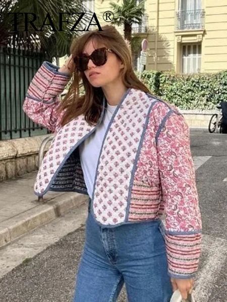 Jaqueta feminina mistura de lã trafza jaqueta para mulheres outono floral impressão acolchoada casaco de algodão reversível cardigan jaquetas de manga comprida elegante mulher streetwear 230918