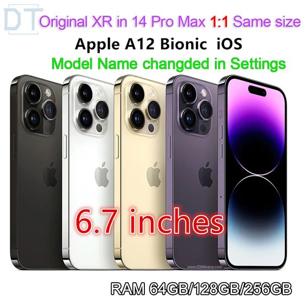 Apple iPhone XR original em 14 pro max ou 13 pro max estilo telefone de 6,7 polegadas desbloqueado com caixa 14promax Aparência da câmera 4G RAM 64 GB 128 GB 256 GB ROM smartphone, condição A +