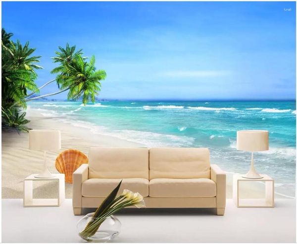 Wallpapers personalizado po mural 3d papel de parede praia coqueiro seascape cenário sala de estar decoração casa murais de parede para