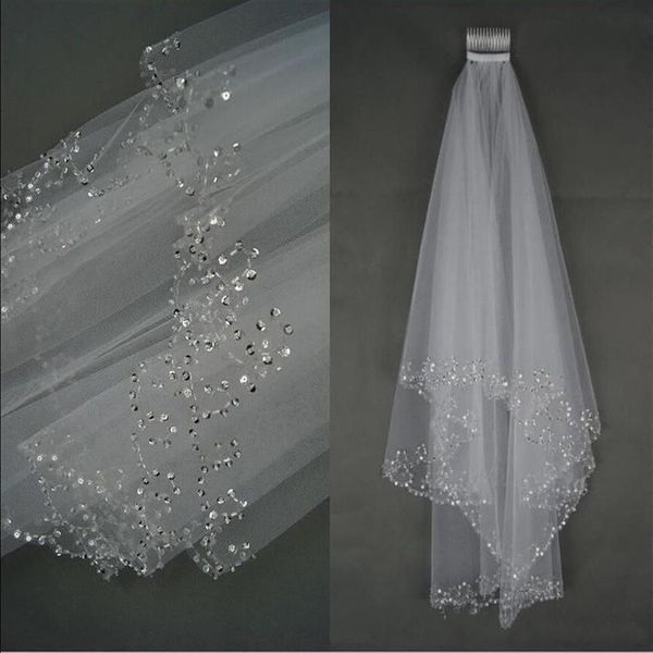Véus de casamento de luxo curto véu de noiva 2 camadas artesanal cristal frisado borda crescente acessórios de noiva véu branco marfim i288k