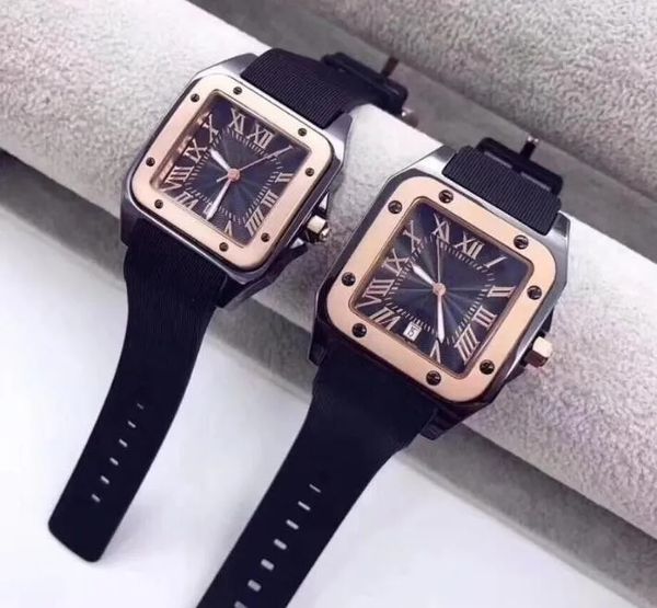 2023 Luxo Rise Gold WatchSquare Roman Mulheres Homens Relógios 40mm 34mm Luxo Moda Borracha Movimento Quartzo Lazer Clássico Relógios de Pulso Top Star's Choice