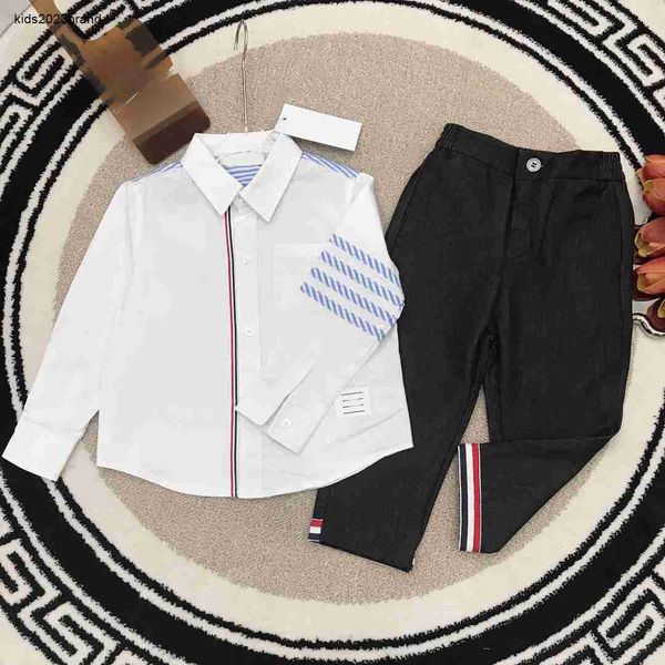 Moda infantil fatos de treino roupas de bebê conjuntos de outono para menino tamanho 100-150 cm 2 peças listrado camisa de lapela branca e jeans da moda set15