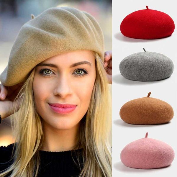 Vintage kadın kız bere Fransız sanatçı sıcak yün kış beanie şapka şapka düz şapkalar düz renk zarif bayan kapaklar 230920