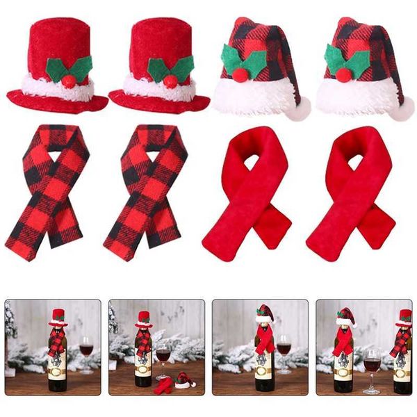 4 Set Bottiglia di Natale Piccoli Cappelli di Babbo Natale Mini Artigianato Decor Sciarpa Decori Tappi Copri Decorazioni 230920