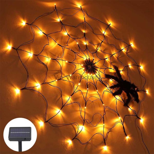 LED Strings Party 3.18ft Diâmetro Solar Halloween Spider Web Lights 60LED 8Mode Spider Net Luzes para festa Quintal Garden Bar Haunted House Decor HKD230919