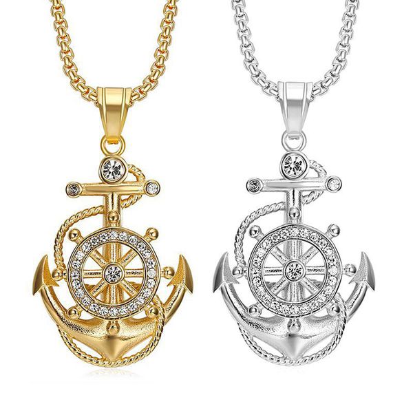 Halsketten mit Anhänger aus Edelstahl 316L, Stahl, Zirkonia, Anker-Anhänger, Halskette für Herren und Damen, Accessoires, trendiger Hip-Hop-Punk, Rapper, Rocker-Schmuck, Gold und Silber