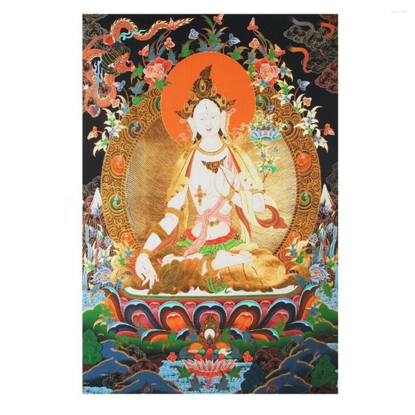 Dekoratif Figürinler Tibet Budizm Kumaş İpek 7 Gözler Beyaz Tara Buddha Thangka Duvar Asma Dekor