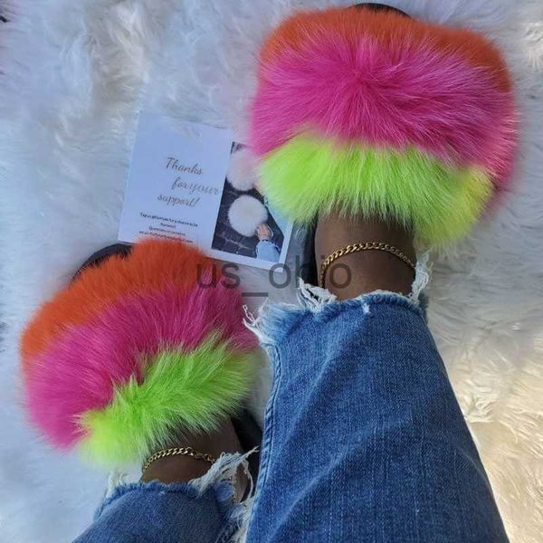 Pantofole Sandali in pelliccia dai colori vivaci della nuova ragazza Donne Soffice peluche Scivoli in pelliccia Cucitura a mano Pantofole in pelliccia pelosa All'ingrosso Personalizzato Hot J230919