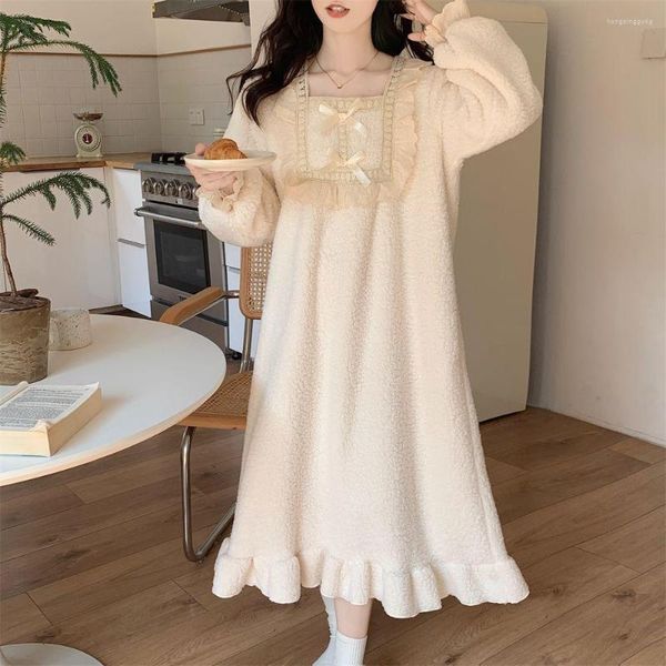 Mulheres sleepwear velo camisola mulheres estilo coreano babados noite vestido renda uma peça pijama inverno manga longa arco home wear 2023