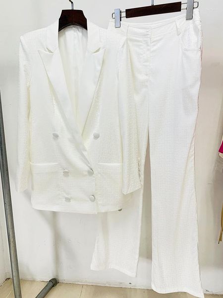 Calças femininas de duas peças branco ternos de verão terno formal conjunto 2023 fino acetato cetim jacquard duplo breasted blazer peças outfits