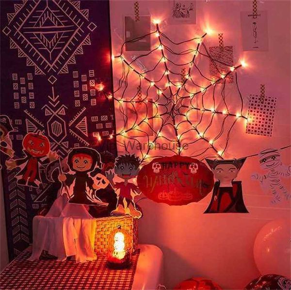 Cordas LED Festa Decorações de Halloween Luzes de Teia de Aranha 70LED Interior Exterior Laranja Roxo Luzes de Teia de Aranha Casa Assombrada Luz de Malha Net HKD230919