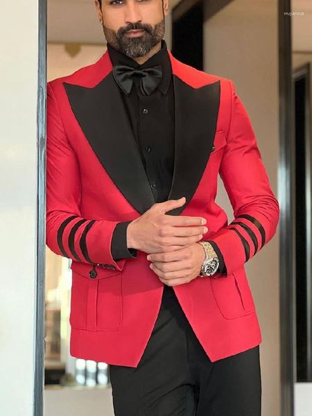 Erkekler Kırmızı Kırmızı Terlenmiş 2 Parçalı Blazer Siyah Pantolon Bir Düğme Saten Tepe Yokslu Slim Fit Düğün Damat Plus Boyut