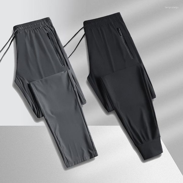 Jeans masculinos calças de seda gelo verão fino casual respirável cinta leggings solto alto elástico secagem rápida ar condicionado