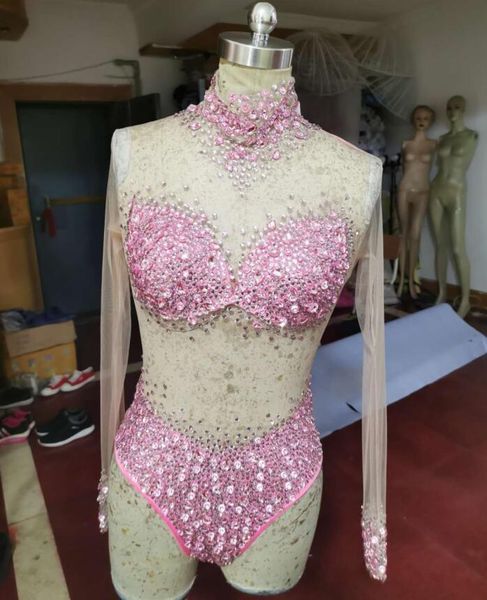 Kadın Tulumları Seksi Seksi Mesh Şeffaf Taşlar Bodysuit Doğum Günü Partisi Kıyafet Rhinestones Rinestones Kadın Şarkıcı Takım Dans Pembe Beyaz Mavi Kostüm 230918