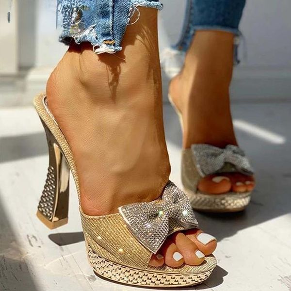 Slippers Trendy Mode Vrouwelijke Strik Sexy 2022 Zomer Vrouwen Platform Kristal Dikke Hoge Hakken Schoenen Vrouw 230919