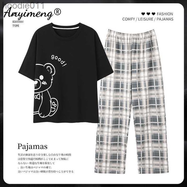 Pijamas femininos Conjuntos de pijama de verão para mulheres jovens com estampa de coelho legal pijamas de algodão femininos de manga curta calças compridas adolescentes meninas kawaii pjs L230919