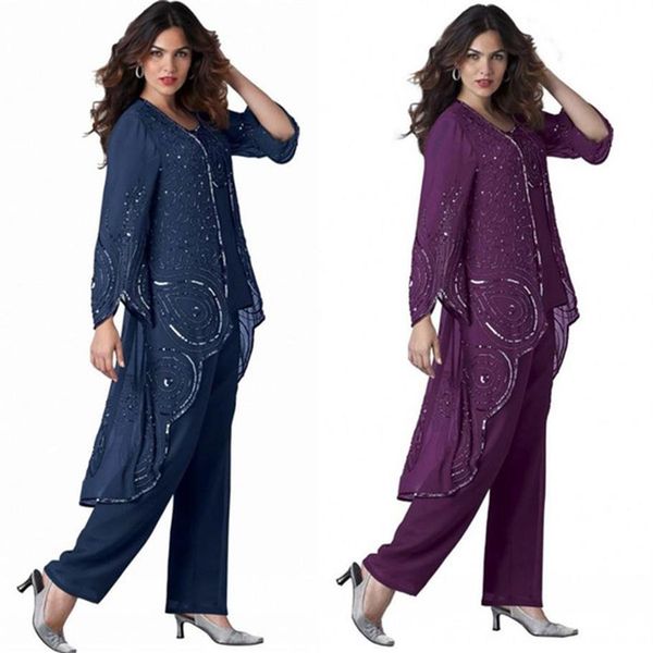 Lindo terno roxo de três peças para mãe da noiva, plus size, noivo, mãe, noite, mangas compridas, lantejoulas, chiffon, formal, dre3390