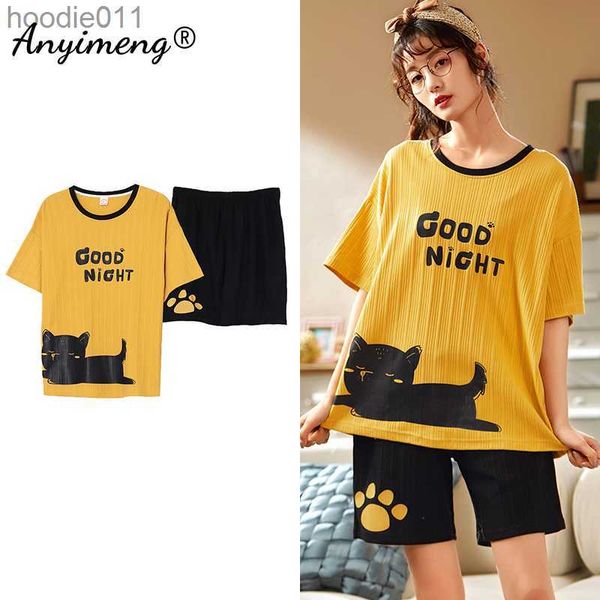 Indumenti da notte da donna Nuovo Dropshipping Pigiama da donna Pantaloncini estivi Pigiama di cotone Yellove Cute Cats Stampa Moda Abbigliamento da casa per ragazza Set pigiama coreano L230919