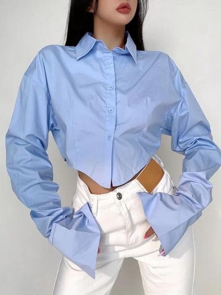 Blusas femininas Jmprs Moda Mulheres Camisas Sólidas Manga Longa Botão Up Crop Tops Branco Projetado Turn Down Collar Office Ladies