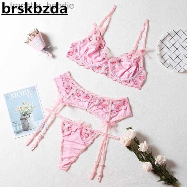 BH-Sets BH-Sets Brskbzda Zarte rosa Spitze Dessous Set Frauen Liebe Herz Stickerei Höschen Unterwäsche Damen Sexy 3-teilige BH Strumpfbänder L230919