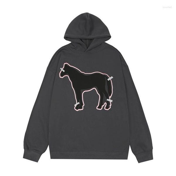 Hoodies masculinos graffiti carta cavalo impressão gráfica moletom com capuz streetwear hip hop masculino solto pulôver com capuz grau cinza topo