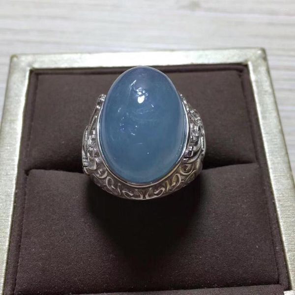 Anéis de cluster Natural Azul Aquamarine Anel Ajustável 20x15mm Cristal Bead Gemstone do Brasil 925 Sterling Silver Fashion