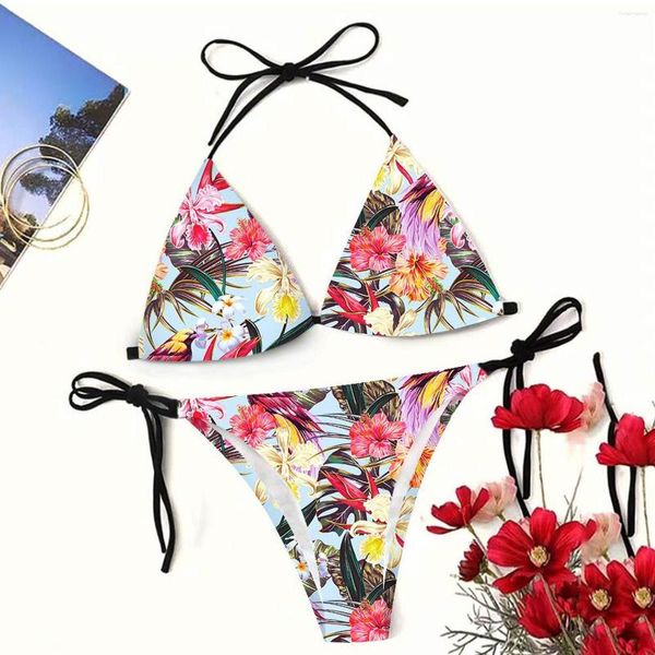 Mulheres Swimwear Floral Impressão Mulheres Bikini Sets Lace Up Halter V-Neck Bras Sexy Swimsuit Banheira Terno Cintura Baixa Tangas Alta Corte