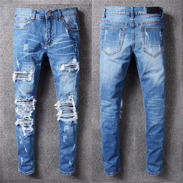 Luxurys Designer Mens Jeans Moda Am-Tipi Sıradan Vintage Sıska Streç Erkekler Jean Kalem Yırtık Delikler Hip Hop Zipper Denim Motorc287i