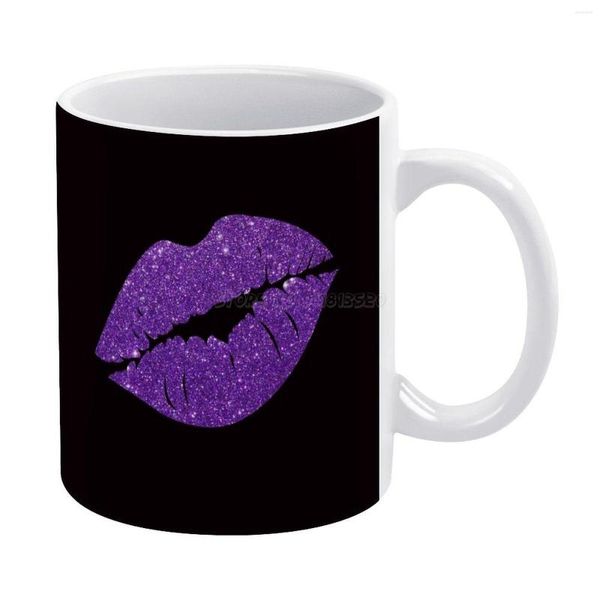 Tazas Púrpura Brillo Labios Taza Blanca Cerámica Arte Creativo Maquillaje Sparkle