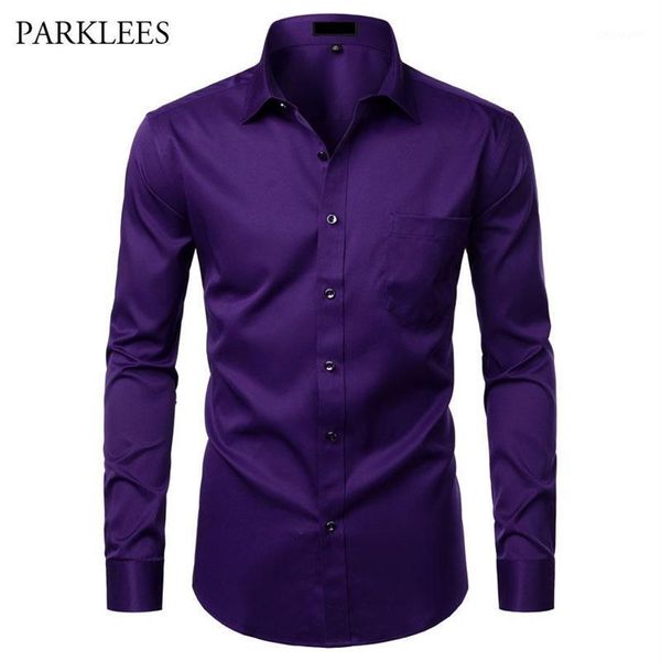 Camisas casuais masculinas roxo homens de fibra de bambu camisa confortável macio masculino manga longa fácil cuidado trabalho formal para 308u