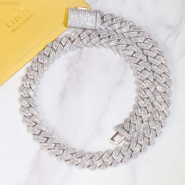 Novo design de moda pass diamante tester 925 prata esterlina 14mm largura vvs baguette mossanite cubana link chain