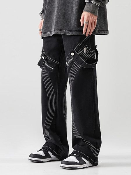 Jeans masculinos y2k estilo cinto zíper solto reto ins tendência marca nicho casual macacão de perna larga hip-hop calças jeans 4xl